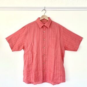 Tommy Bahama coral pink woven linen short sleeve button front shirt coastal chic